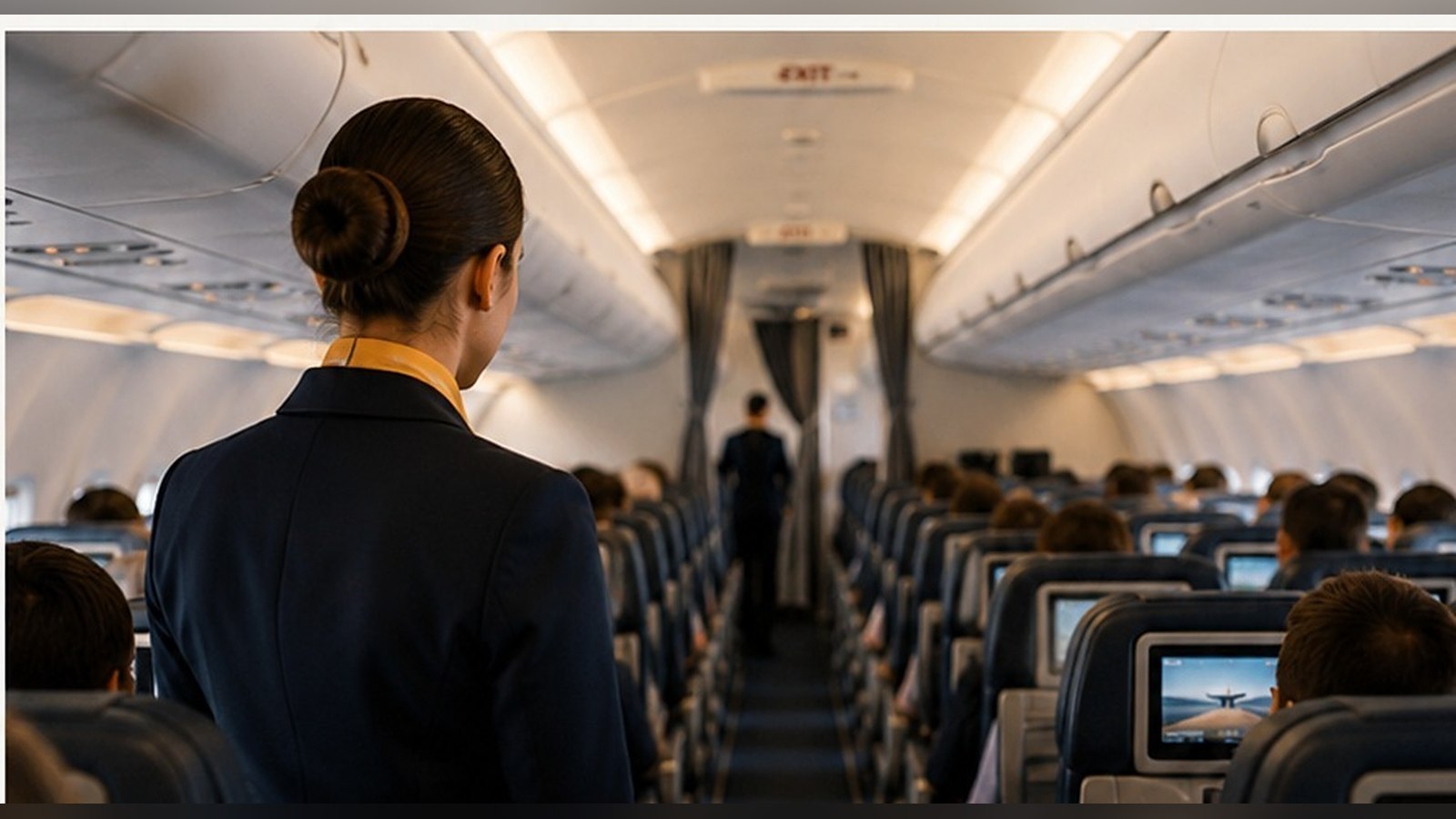 Pasillo de la cabina de un avión comercial con una auxiliar de vuelo de espaldas