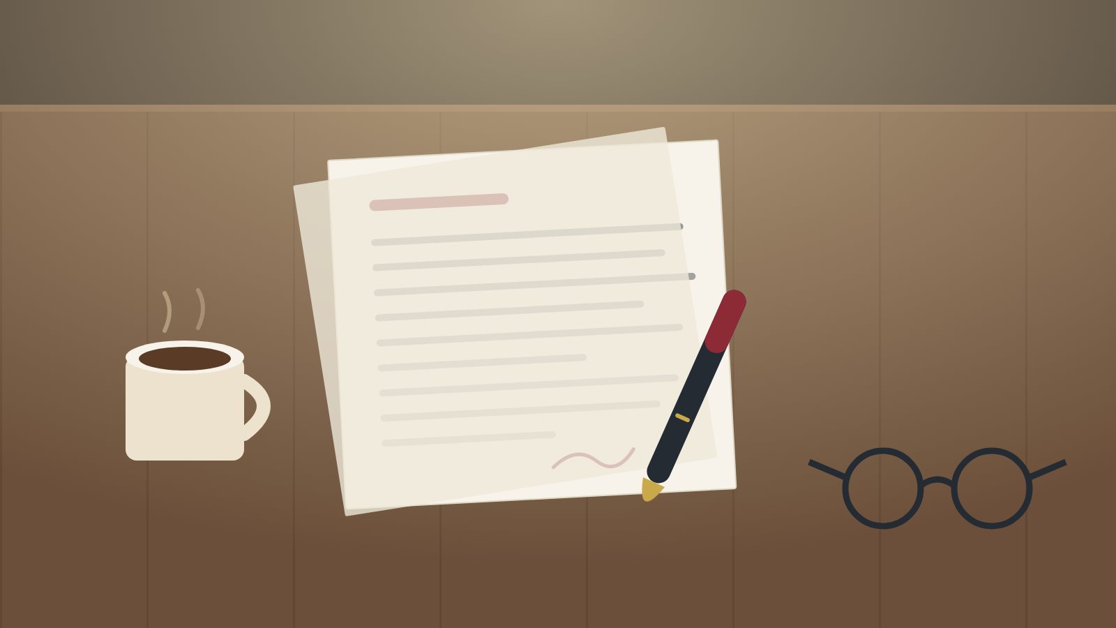 Escritorio con una carta empezada, una pluma, unas gafas y una taza de café
