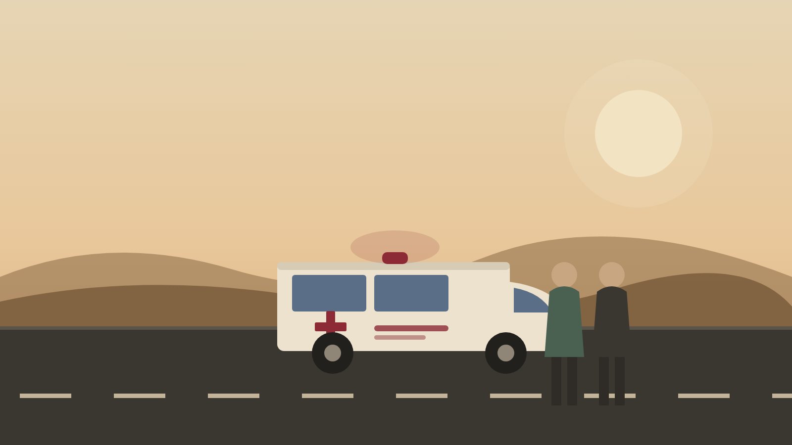 Ilustración de una ambulancia clásica detenida en la carretera junto a dos voluntarios