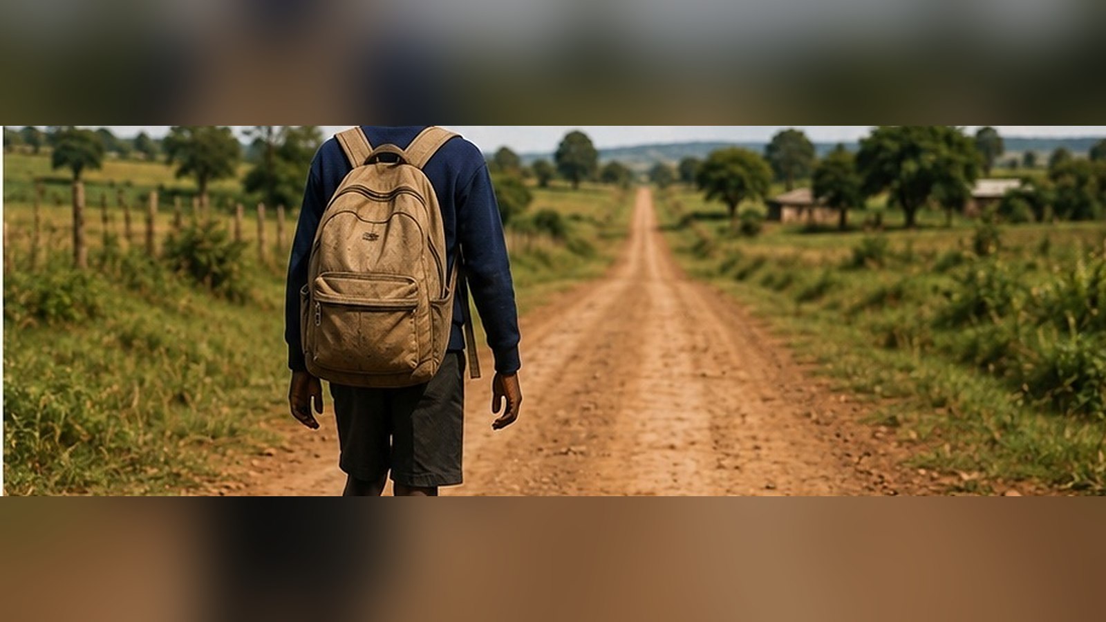 Niño con mochila caminando de espaldas por un camino de tierra