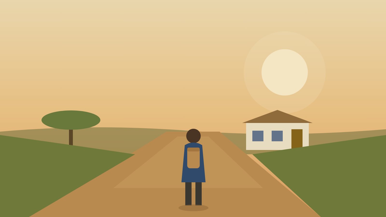 Ilustración de un niño con mochila caminando por un camino de tierra hacia una escuela