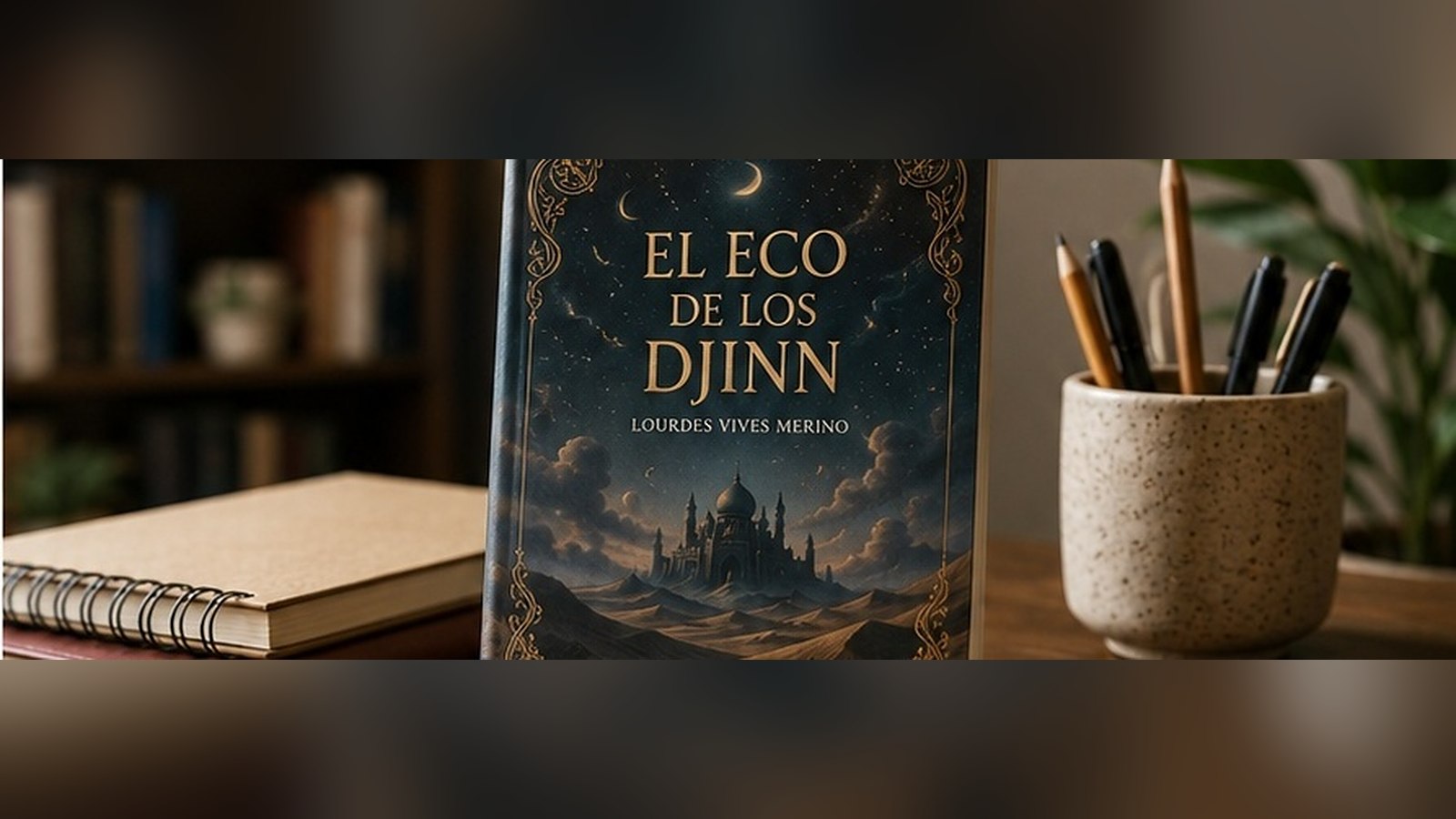 Ejemplar de la novela El eco de los Djinn sobre una mesa con cuaderno y lápices