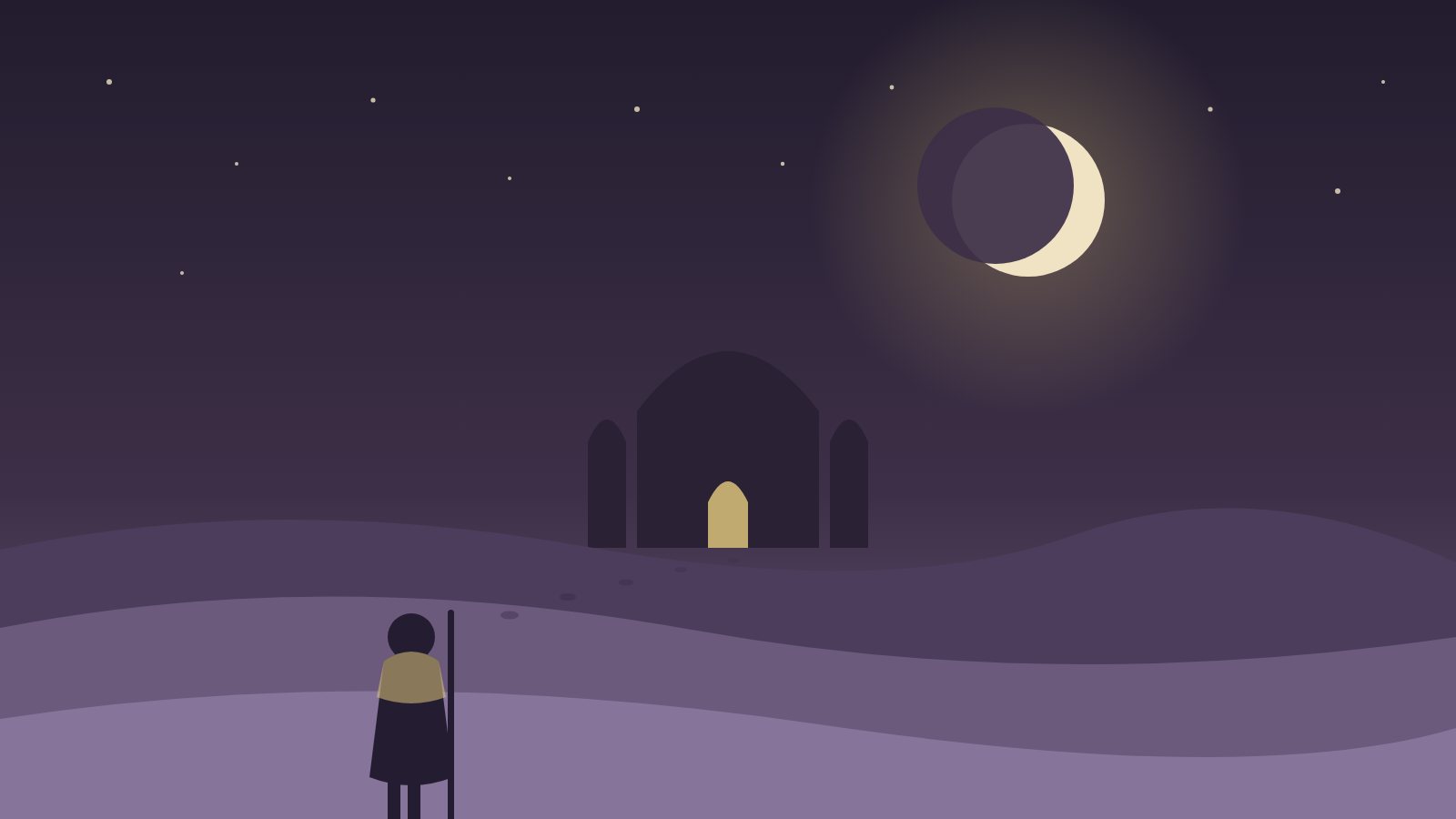 Ilustración de un templo en el desierto bajo la luna, con un libro abierto en primer plano