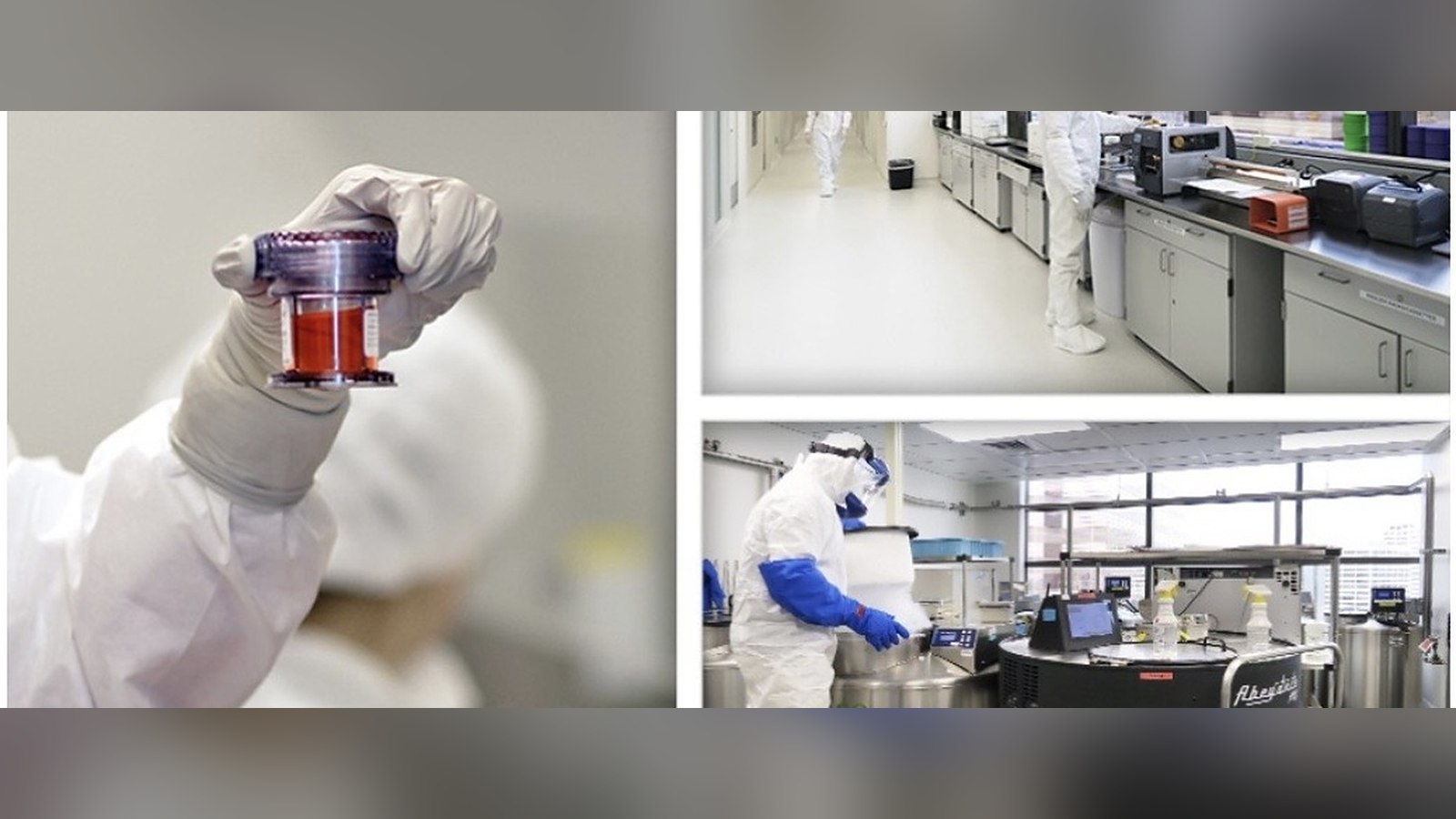 Instalaciones de fabricación de terapias celulares: técnico con bolsa de células y salas limpias