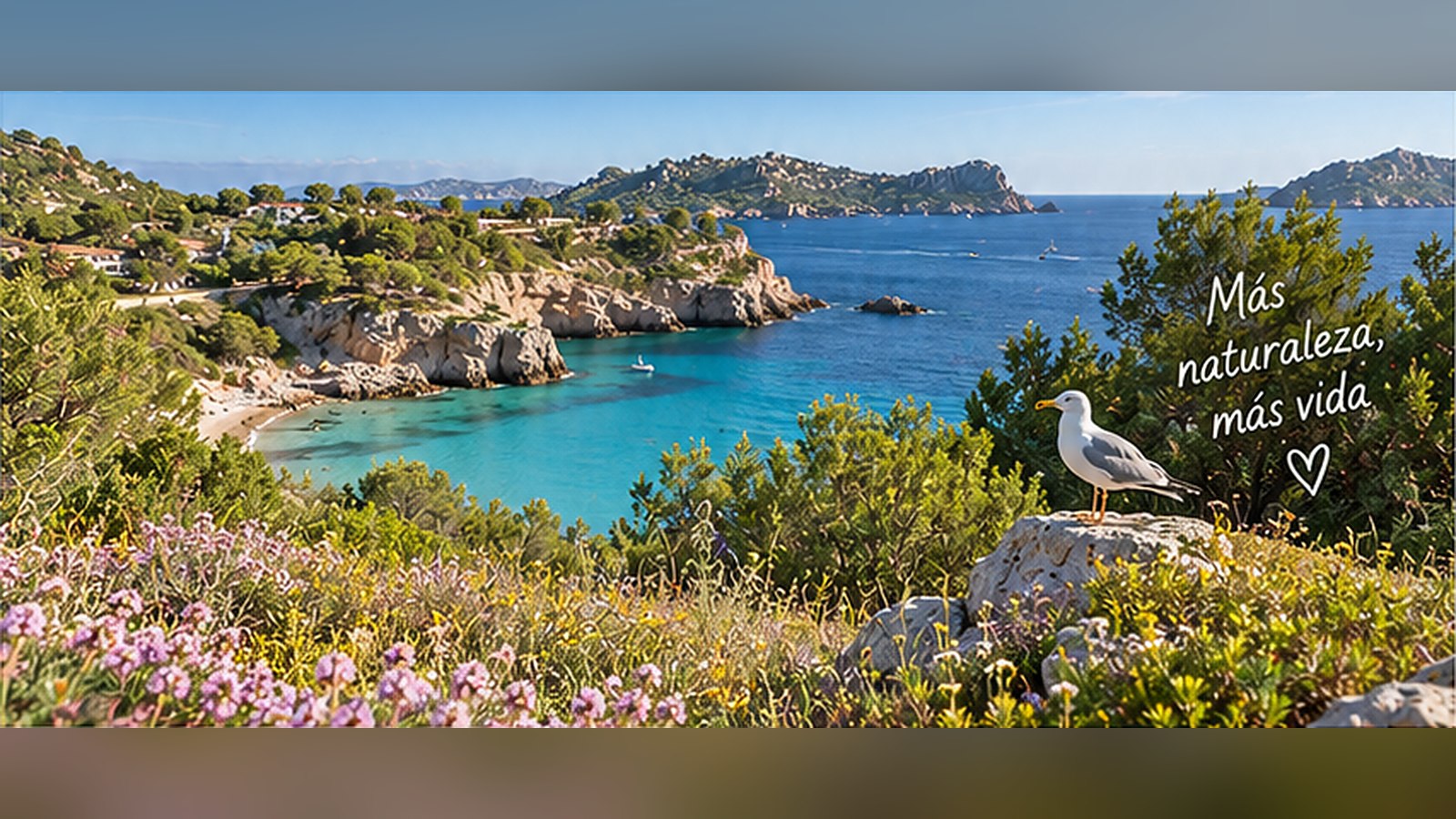 Cala mediterránea con flores en primer plano y una gaviota sobre una roca