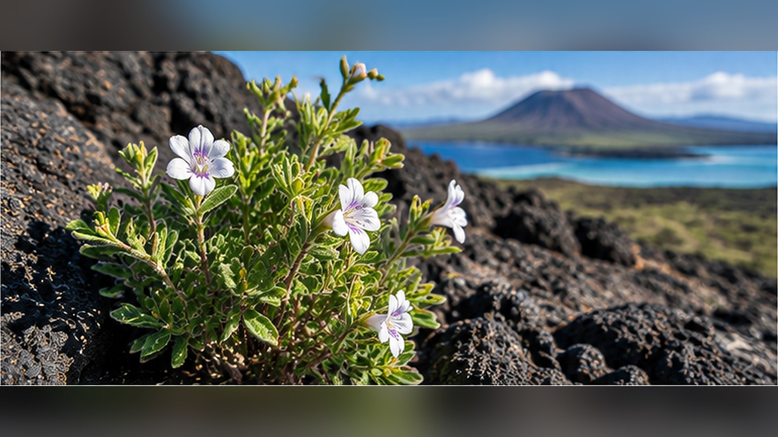 Planta de Galvezia leucantha con flores blancas creciendo sobre roca volcánica en Galápagos