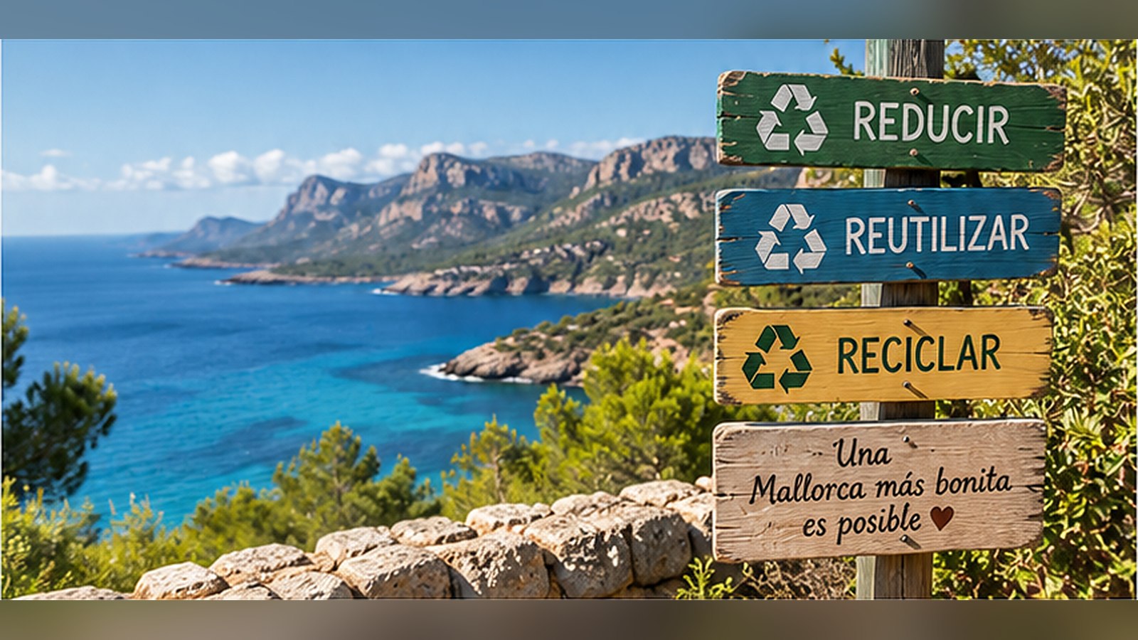 Carteles de madera con los lemas reducir, reutilizar y reciclar frente a una cala de Mallorca