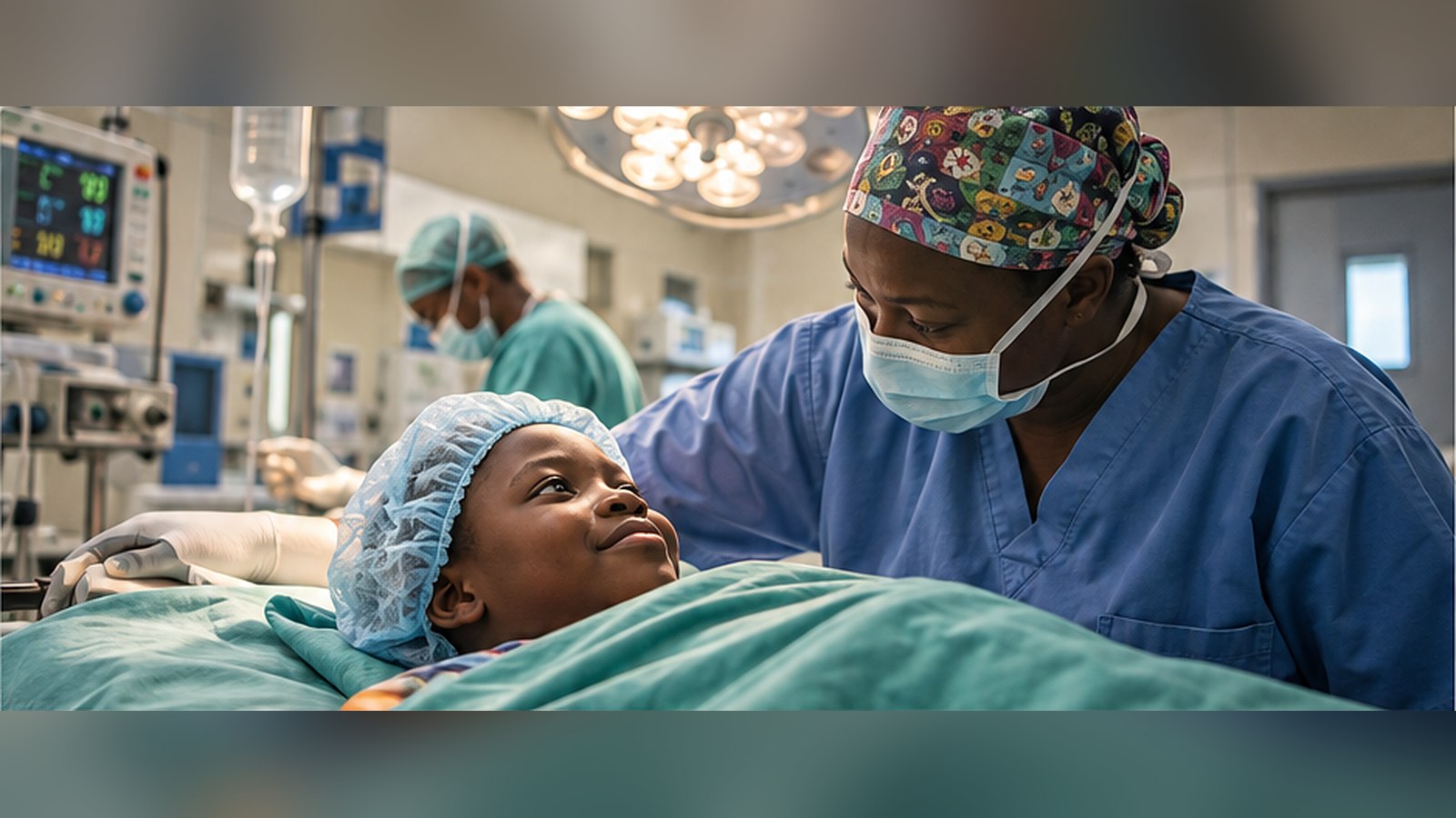 Una niña sonríe a una cirujana en el quirófano de un hospital de Nigeria