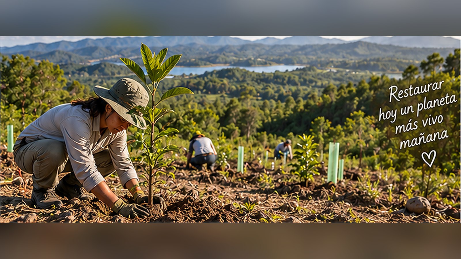 Una mujer planta un árbol joven en una ladera en proceso de restauración